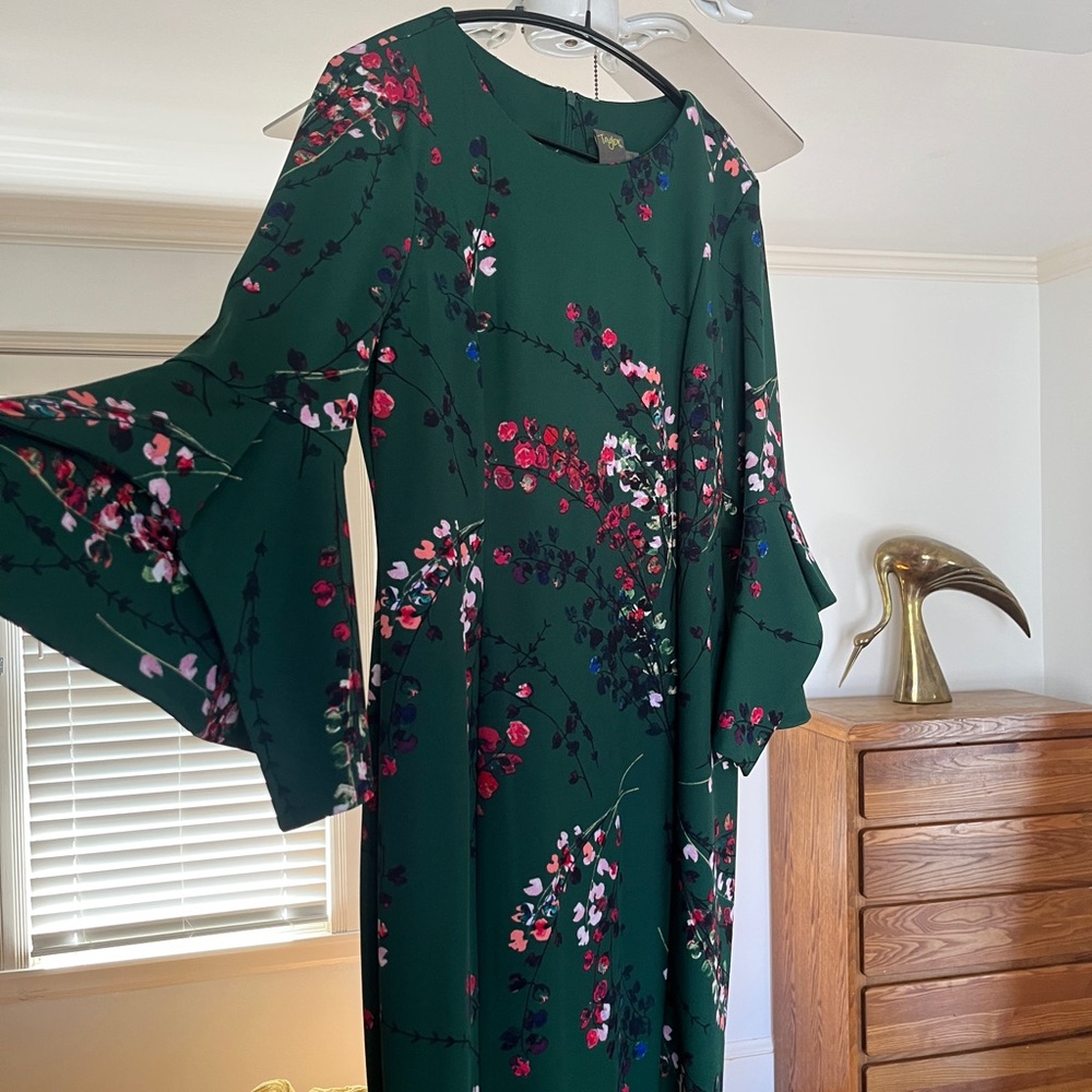 Taylor Green Sheath Dress with Bell Sleeves for Wedding Guest